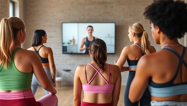 A diverse group of individuals in workout gear participating in a virtual fitness class led by a coach on a screen, showcasing inclusivity and modern workout trends.