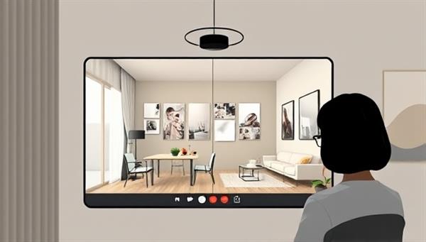 An elegant digital illustration of a virtual interior designer presenting a mood board to a client via a video call, with a split-screen showing the client