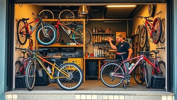 An inviting storefront showcasing a colorful array of customized bicycles on display, with a mechanic working on a bike in the workshop, conveying craftsmanship and passion for cycling.