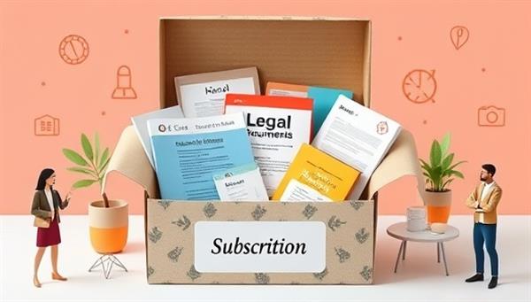 An engaging and colorful subscription box filled with legal documents, compliance guides, and business law resources, surrounded by icons representing small businesses and entrepreneurs, conveying practicality and support for legal matters.