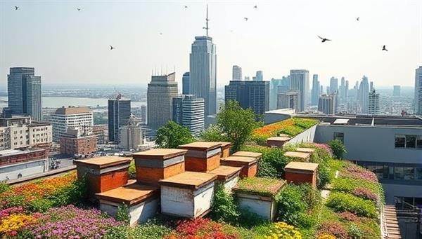 A picturesque urban skyline with vibrant rooftop gardens hosting beehives, buzzing with activity as bees collect nectar from nearby flowers, creating a harmonious and sustainable ecosystem in the heart of the city.