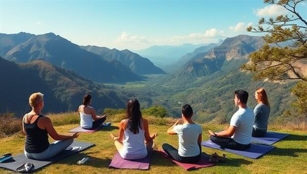 A serene and picturesque setting featuring a group of retreat participants engaged in mindfulness activities like yoga, meditation, and outdoor excursions, interspersed with gaming sessions and discussions, capturing the essence of Mindful Gamers Haven as a holistic wellness retreat for gamers.