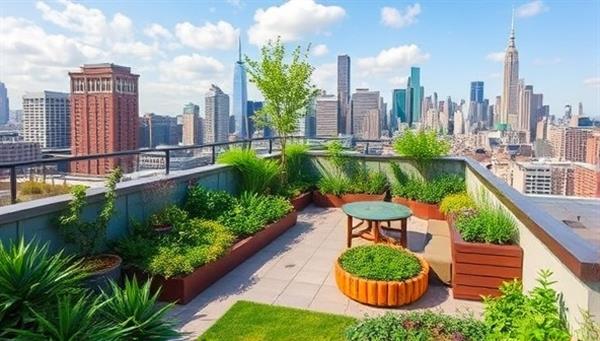 An urban rooftop transformed into a lush green garden oasis, featuring a variety of plants, seating areas, and sustainable design elements, overlooking the city skyline, showcasing the beauty and functionality of rooftop gardens.