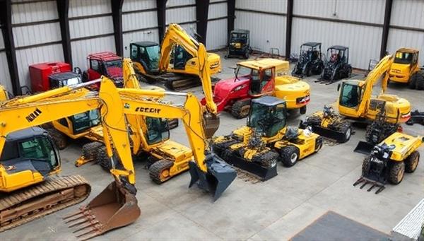 A diverse range of construction equipment lined up neatly in a warehouse setting, including excavators, cranes, and power tools, ready for rental and use, showcasing the variety and availability of equipment offered by EquipFlow Rentals for construction projects of any scale.