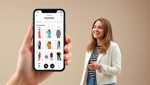 An engaging visual of a smartphone screen displaying the StyleGenie app interface with various outfit suggestions and a happy user interacting with the AI assistant, creating a seamless and enjoyable shopping experience.