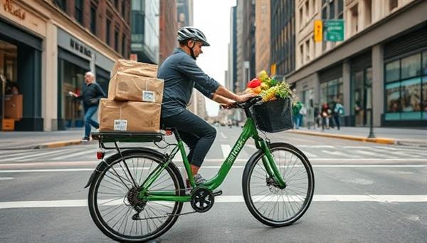 An image of a cargo bike loaded with packages and groceries, navigating through a bustling city street with ease, demonstrating the functionality and sustainability of EcoHaul Rentals
