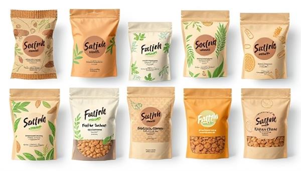 A series of eco-friendly packaging designs featuring natural textures, earthy colors, and customizable branding elements, highlighting the sustainability and versatility of the packaging solutions.