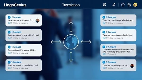 An engaging visual of the LingoGenius AI platform interface displaying a seamless translation process between two users speaking different languages, with instant text translations and audio playback features, showcasing efficiency and global connectivity.