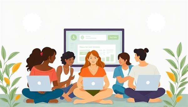 An inspiring digital illustration featuring a diverse group of students engaging in an online holistic wellness course through WholeWell Academy, with virtual lesson materials, interactive elements, and a supportive community atmosphere, symbolizing growth and knowledge in the pursuit of holistic well-being.