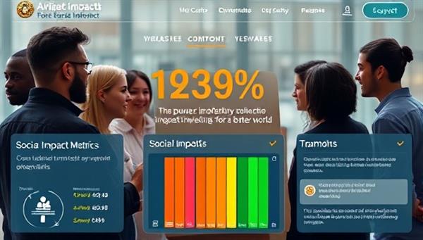 An impactful visual representing a diverse group of individuals coming together to discuss and review impact investment opportunities on the platform, shown through a digital interface displaying social impact metrics, sustainability ratings, and community testimonials, highlighting the power of collective action and purposeful investing for a better world.