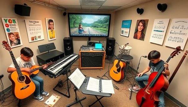 An interactive music studio setting with beginner musicians engaging in virtual music lessons, surrounded by musical instruments, sheet music, and creative musical elements, fostering a love for music and learning in a dynamic online environment.