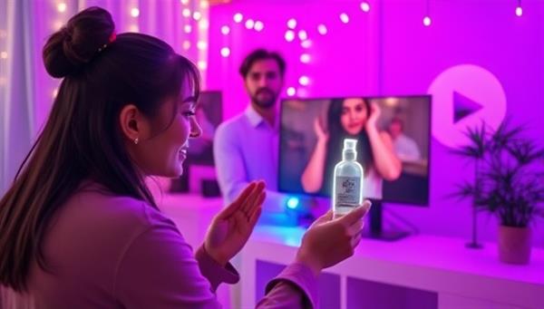 An engaging virtual content creation scene with a YouTuber seamlessly showcasing a branded product in their video, creating an authentic and integrated advertising experience for viewers.