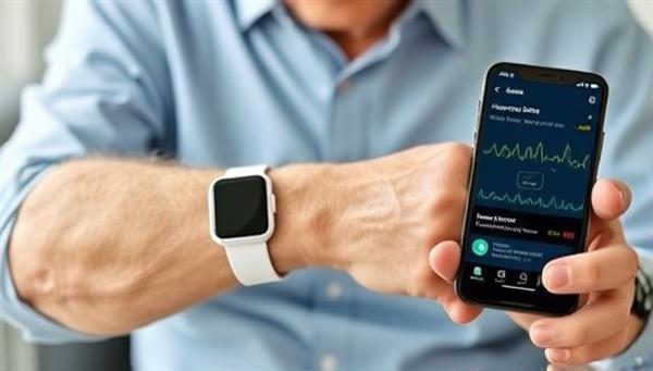 An elderly individual wearing a remote patient monitoring wearable device on the wrist, with a smartphone displaying real-time health data and notifications, highlighting the convenience and peace of mind provided by continuous health monitoring.