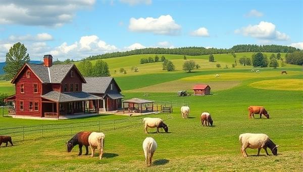 A picturesque farm landscape featuring cozy cottages, lush fields, and grazing animals, with guests participating in hands-on farm activities under the guidance of friendly farmers, creating a harmonious blend of nature, relaxation, and education.