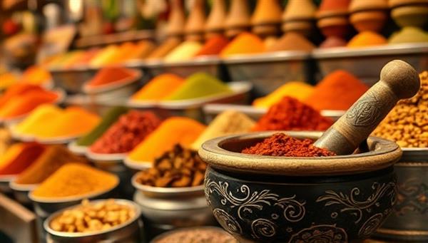 An exotic and aromatic spice market scene filled with vibrant colors and intoxicating scents, showcasing an array of freshly ground spices in ornate containers, with a traditional mortar and pestle in the foreground, evoking a sense of culinary adventure and sensory delight in the world of spices.