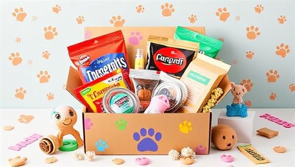 An assortment of pet toys, treats, and accessories arranged in a colorful and playful pet subscription box, surrounded by paw prints and pet-themed decorations, evoking a sense of joy and excitement for furry friends and their owners.