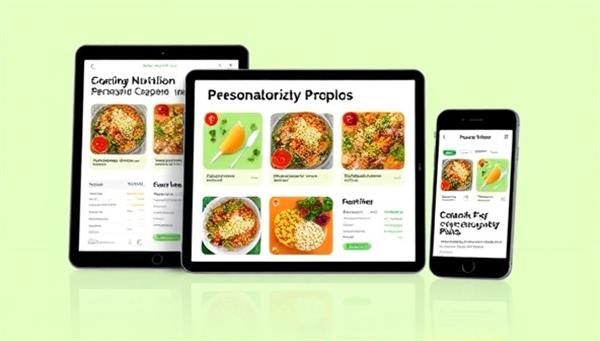 An artistic representation of personalized nutrition plans displayed on digital devices, featuring colorful meal suggestions, nutritional information, and personalized recommendations, emphasizing the convenience and effectiveness of AI-driven dietary guidance.