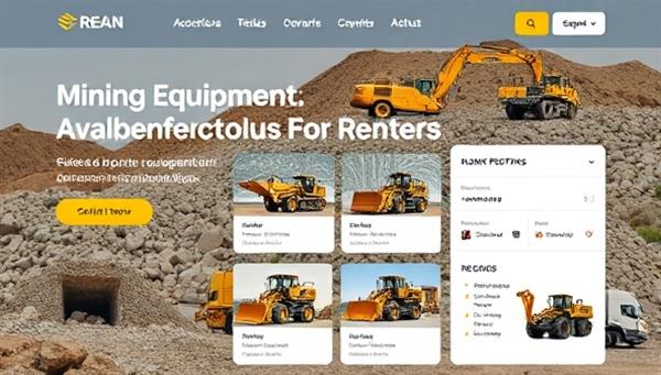An interactive website interface showcasing a variety of mining equipment available for rent, with clear details and booking options, providing a seamless user experience for both equipment owners and renters.