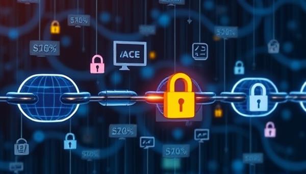 An artistic visualization of a digital chain linking various websites together, symbolizing the blockchain verification process of TrustChainVerify, with padlock icons, timestamps, and data encryption symbols embedded in the chain, representing secure and transparent website verification.
