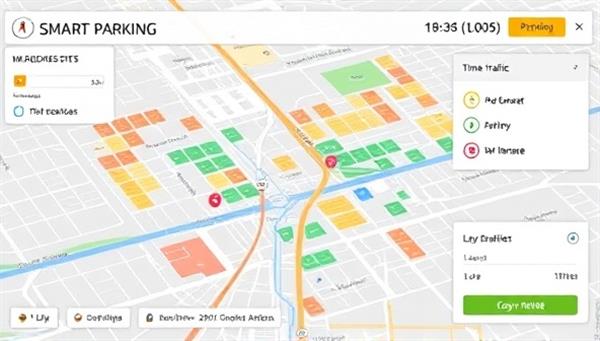 An innovative visualization of a smart parking system interface displaying a city map with color-coded parking spots indicating availability, alongside real-time traffic data and parking reservation options, showcasing the convenience and efficiency of the technology.
