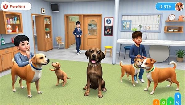 An interactive pet care scene featuring virtual pets of various species and breeds engaging in playful activities, grooming sessions, and training exercises with their owners in the PetPal World simulator, highlighting the immersive and educational aspects of the virtual pet care experience.