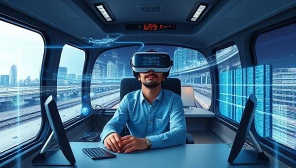 An immersive VR headset displaying a virtual commute scenario with a remote worker sitting at a home office desk, surrounded by digital simulations of different transportation modes and cityscapes, illustrating the innovative and immersive experience offered by TeleTraveler.