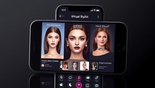 A futuristic and sleek virtual stylist interface on a smartphone screen, displaying various makeup looks, skincare suggestions, and hair styling options tailored to the user