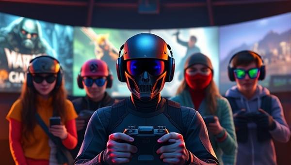 An AI-powered virtual assistant recommending personalized games to a diverse group of gamers, each immersed in a different gaming environment, showcasing the customization and individualized experience offered by the subscription service.