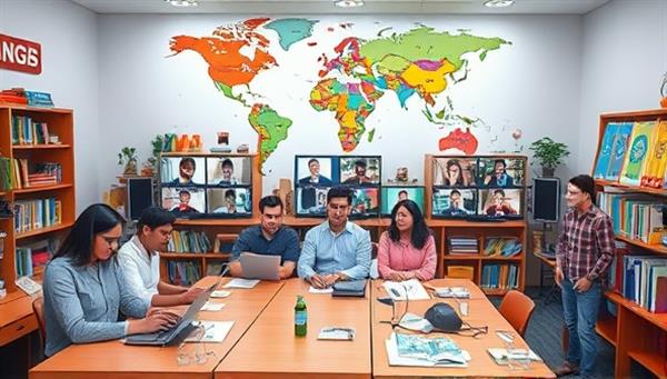 An immersive virtual classroom scene with diverse language learners interacting through video calls, language exercises, and cultural presentations, set against a backdrop of world maps, language books, and digital language tools, fostering a dynamic and collaborative learning environment.
