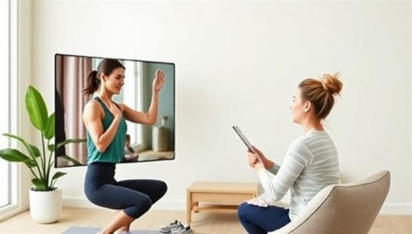 An uplifting visual of a virtual wellness coaching session, with a coach guiding a client through a personalized fitness routine, discussing nutrition goals, and providing motivational support, creating a positive and empowering atmosphere representative of WellnessWave Connect
