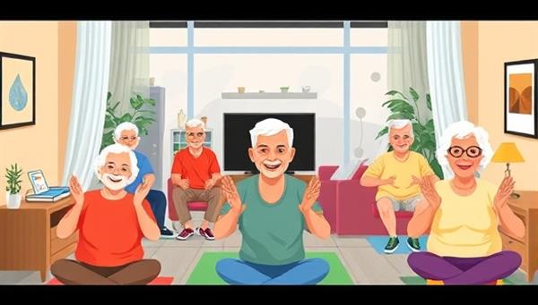 A lively digital illustration of a virtual fitness class for seniors, featuring a diverse group of older adults exercising together from their homes, with smiling instructors, gentle music, and colorful fitness props, conveying joy and vitality in a welcoming setting.