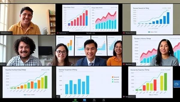 A dynamic and diverse group of individuals engaged in a virtual financial coaching session, with visuals of charts and graphs demonstrating financial progress and success stories in the background.