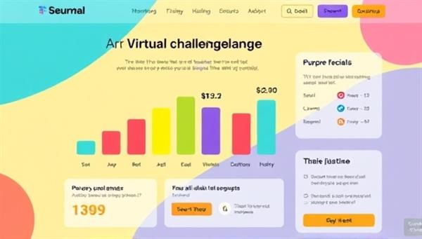 A dynamic visual representation of a virtual wellness challenge platform interface, featuring progress tracking bars, motivational quotes, and a vibrant community forum, conveying a sense of achievement, connection, and positive lifestyle changes.