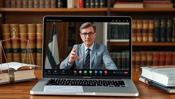 A professional and trustworthy visual of a virtual legal consultation session, with an attorney providing legal advice and reviewing documents for a client through a secure video call, while legal books and a laptop with legal software are visible in the background, emphasizing the expertise and professionalism of the virtual legal consultation service.
