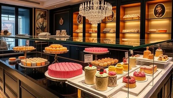 An elegant dessert bar showcasing a variety of exquisite desserts on display, with colorful macarons, decadent cakes, and delicate pastries, set against a backdrop of artistic decor and mood lighting, inviting customers to indulge in a sweet escape.