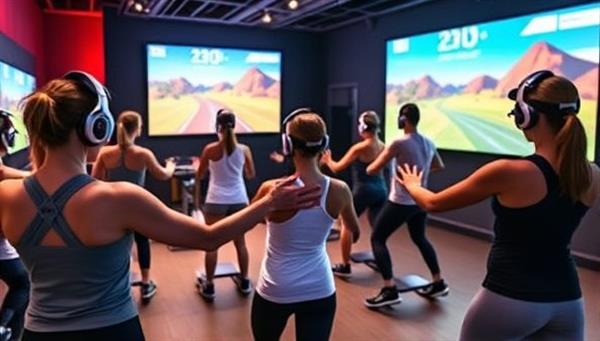 A fitness class setting with participants wearing motion-tracking armbands and headsets, engaged in a virtual race or fitness challenge projected on large screens, surrounded by futuristic fitness equipment and vibrant digital landscapes, illustrating the dynamic and energetic atmosphere of FitQuest Gaming classes.
