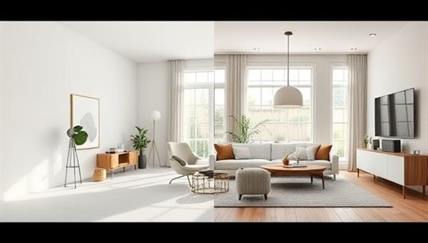 A split-screen image showing a plain room on one side and a beautifully designed room on the other, highlighting the transformative power of virtual home design.