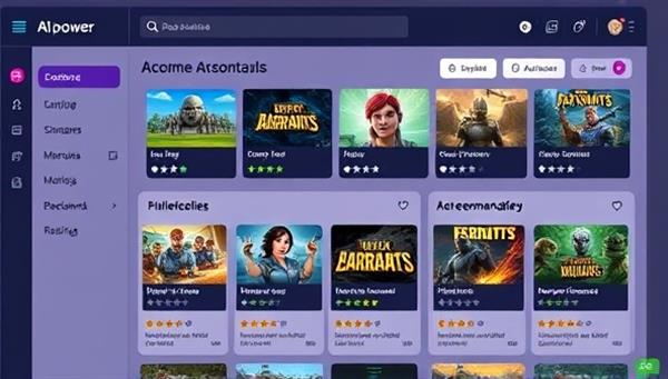 An AI-powered interface showcasing a personalized game recommendation dashboard with diverse game titles, ratings, and player reviews, demonstrating the platform