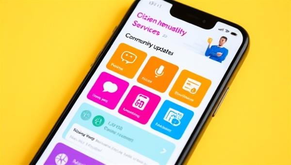 A smartphone screen displaying a vibrant, interactive citizen engagement platform with colorful icons for services, feedback options, and community updates, highlighting the platform