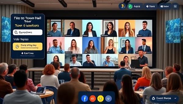 An engaging virtual town hall interface displaying a diverse group of participants engaging in a town hall meeting, with interactive features for submitting questions, voting on topics, and providing feedback in real-time, promoting transparency and community involvement.