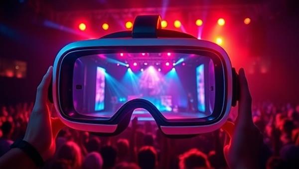 A visually captivating VR headset displaying a holographic concert stage with vibrant lighting and cheering virtual fans, showcasing the immersive experience of a virtual reality concert.