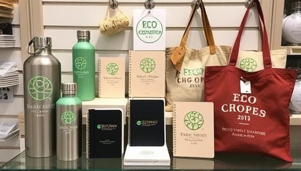 An image of a display featuring a range of sustainable merchandise items, such as reusable water bottles, tote bags, and notebooks, made from recycled materials and bearing eco-conscious branding messages, appealing to consumers looking for stylish and sustainable promotional products.