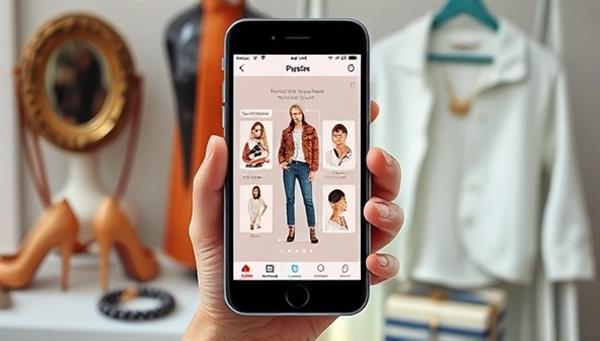 An artistic rendering of a sleek virtual styling assistant interface displaying outfit suggestions on a smartphone screen, with fashion accessories and clothing items in the background, creating a visually captivating and trendsetting image.
