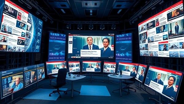 An AI-powered newsroom scene with algorithms sorting and analyzing news articles, displaying personalized news feeds on multiple screens, creating a dynamic and engaging news consumption experience for users.