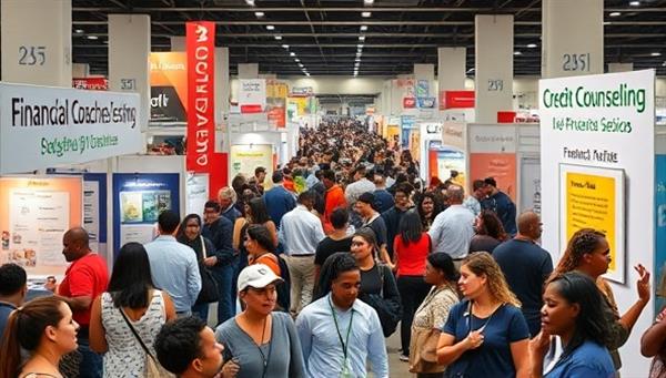 A vibrant and bustling marketplace scene with booths offering financial coaching sessions, budgeting tools, investment advice, and credit counseling services, with a diverse crowd of attendees exploring the various offerings, creating a dynamic and inclusive financial empowerment hub.