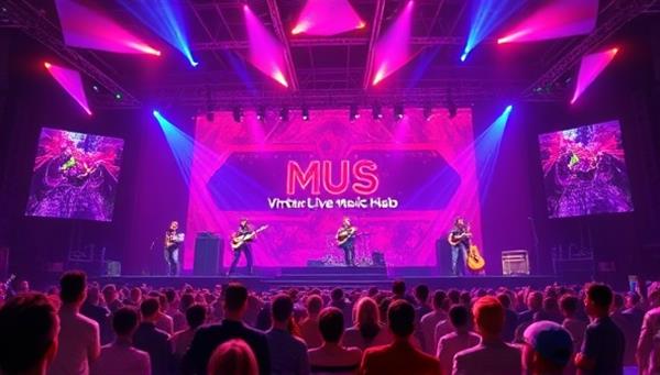 An artistic rendering of a virtual concert stage within the VirtuLive Music Hub platform, showcasing a dynamic and visually stunning virtual environment with virtual avatars of musicians performing live, surrounded by a virtual crowd of animated fans, capturing the essence of a digital music festival.