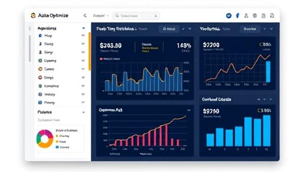 A digital dashboard displaying real-time analytics and performance metrics of social media ads, with dynamic graphs and charts illustrating the optimization process, conveying the innovative and data-centric approach of AdDataOptimize.