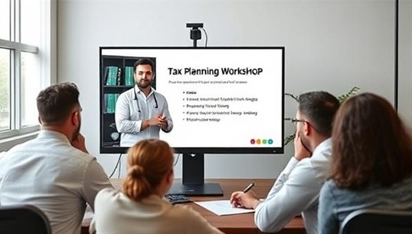 A virtual tax planning workshop scene with a tax expert leading a session on a computer screen, surrounded by engaged participants from different backgrounds, symbolizing interactive learning and tax optimization strategies.