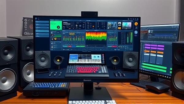 An online music production studio setup displayed on a computer screen, featuring a virtual mixing console, MIDI controllers, studio monitors, and music production software interfaces, with creative music projects and sound design elements, inspiring a hands-on and immersive music production learning experience.