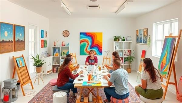 A serene virtual art studio with colorful art supplies, paintings, and calming decor, featuring participants engaging in therapeutic art activities under the guidance of an art therapist, promoting a safe and healing space for creative expression and emotional exploration.